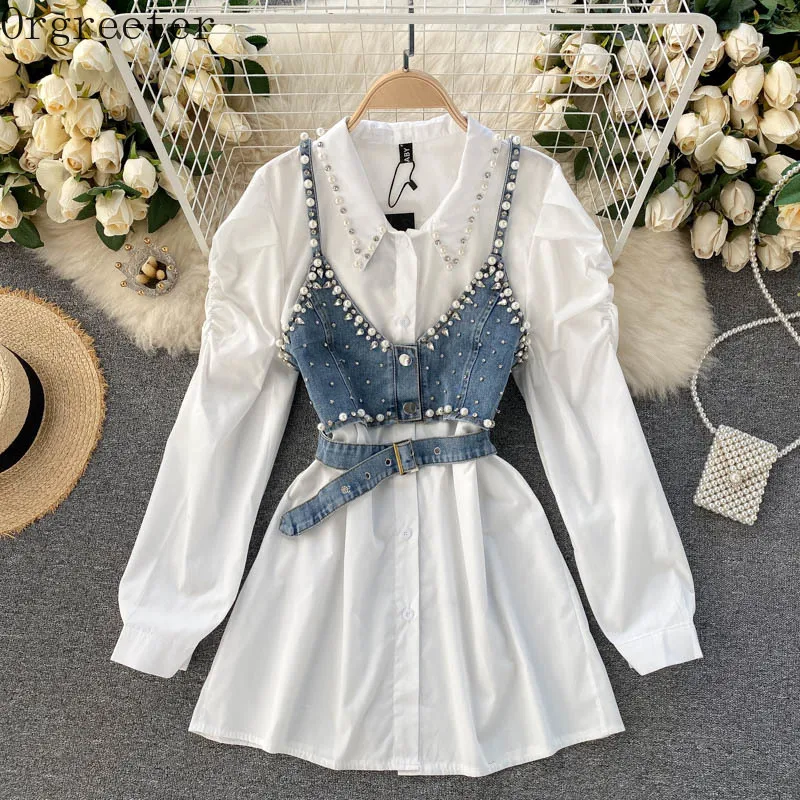 Chic Design Fashion Lapel Beaded Long Sleeve White Shirt Dress+ Diamond-studded Beaded Denim Camis Vest 2 piece Sets Women