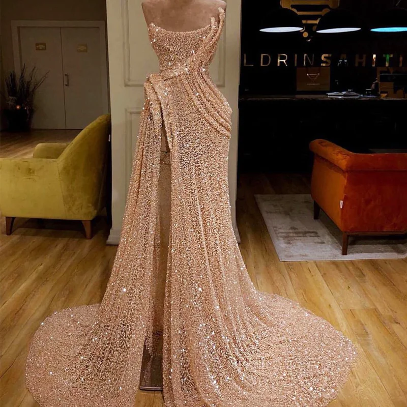 Sparkly Arabic Prom Dresses Bling Bling Blush Pink Sequin Split Prom Dresses Sweetheart Neck Evening Party Gowns Customized