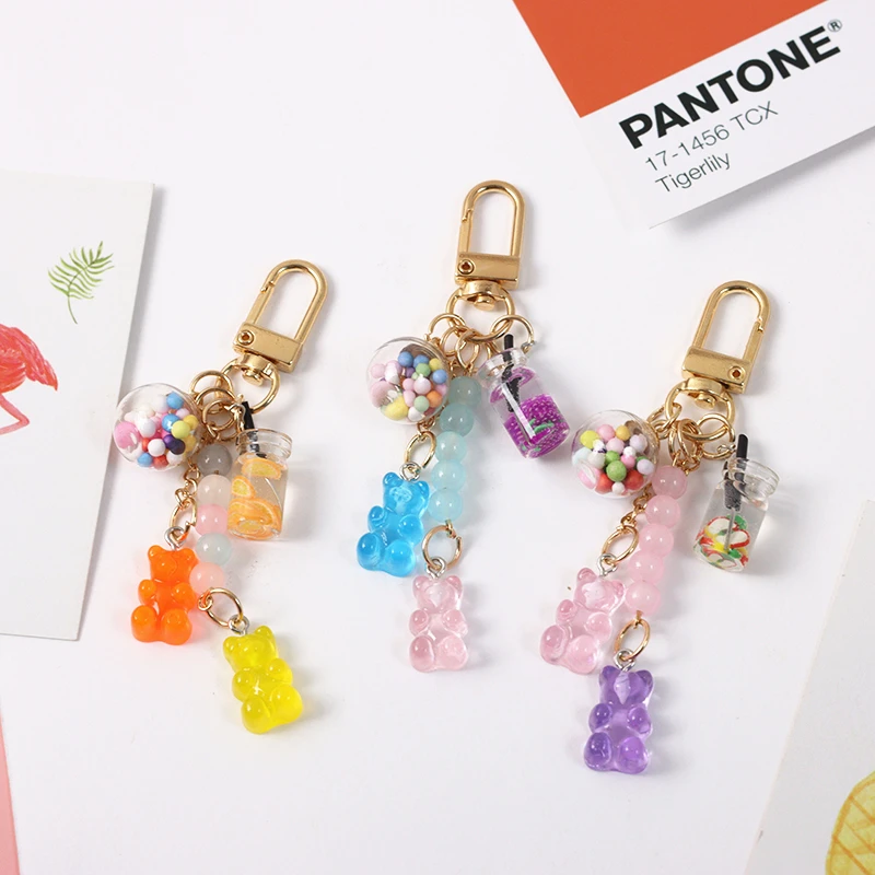 Cute Muticolored Bears Candy Jelly Summer Drinks Resin Keychain Key Chains Ring Car Bag Pendent Charm Airpods Accessories D593