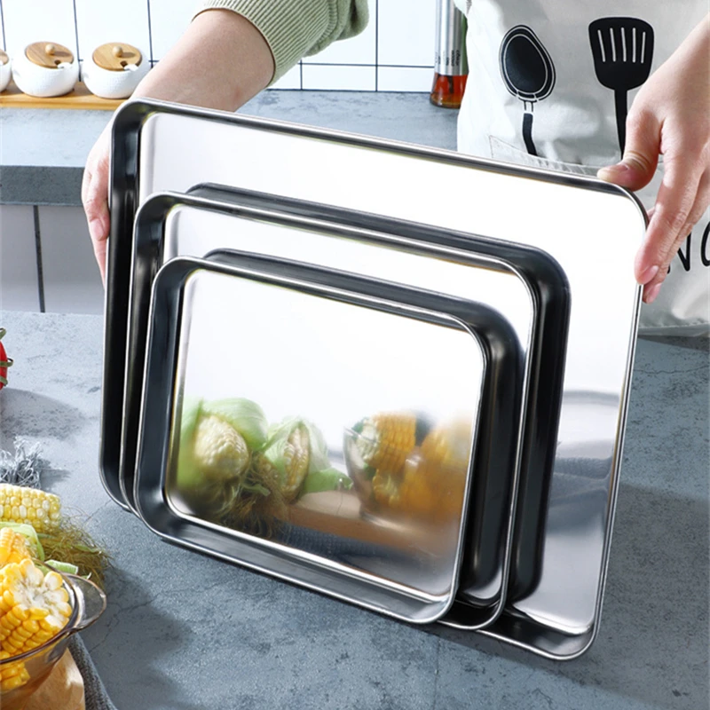 Rectangular Thicken Steaming Plates Stainless Steel Cake Bread Pan Food Vegetables Storage Drain Tray Kitchen Baking Accessories