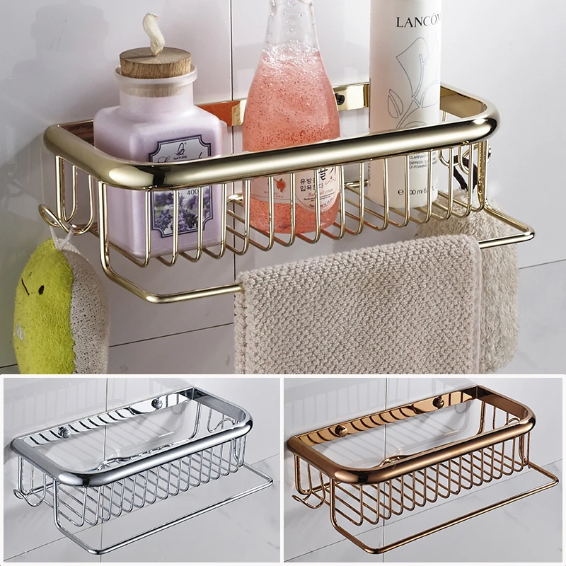 

Tuqiu bathroom Shelf With Towel Hanger and Hooks 30cm/45cm Gold bathroom shelves Brass bathroom shampoo holder bathroom holder