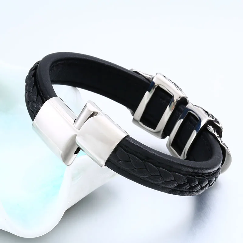 Beier 316L Stainless Steel Punk Double Skull Men\'s High Quality Leather Bracelet Party Fashion Jewelry LLBC-L024L