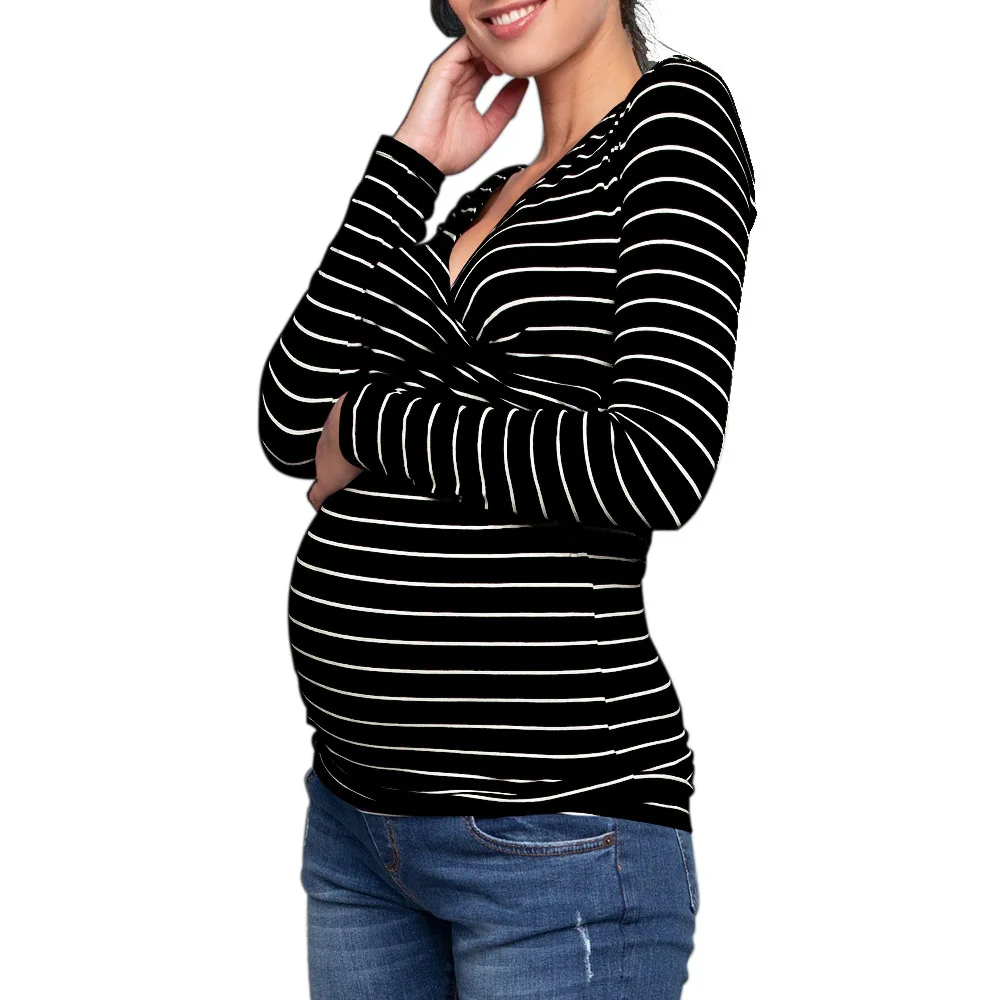 

Maternity Clothes Womens Nursing Nightgown Pregnancy Dress stripe Splice Maternity Pajamas Nursing pajamas V-neck long sleeves