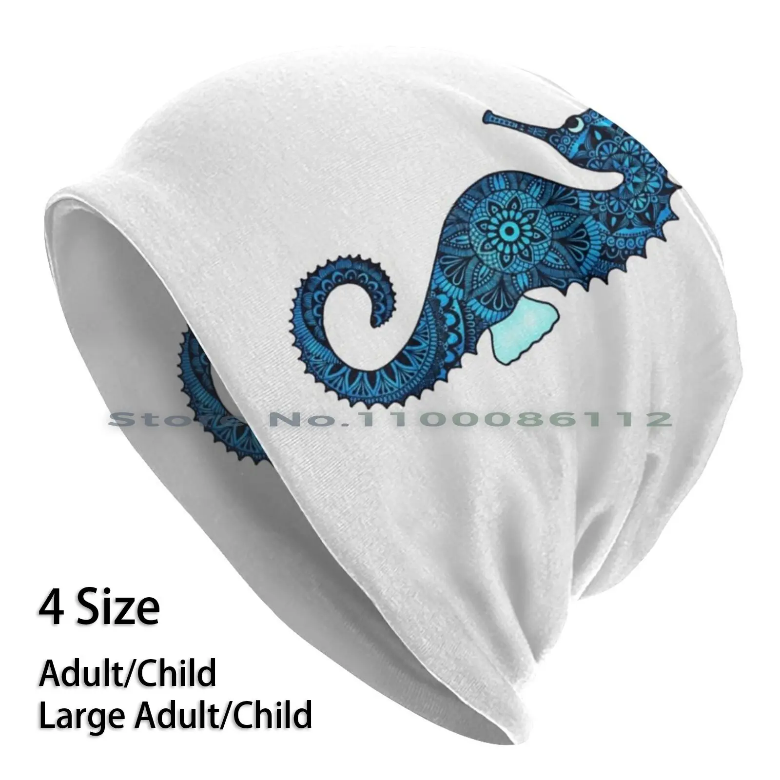 Blue Seahorse Beanies Knit Hat Blue Mandala Zentangle Pattern Seahorse Ocean Swim Animal Brimless Knitted Hat Skullcap Gift