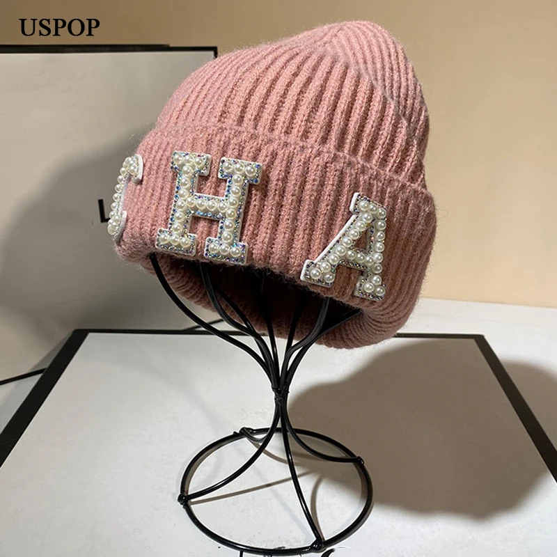 USPOP New Winter Hats Women Thick Warm Knitted Skullies Hats Pearl Letter CHA Soft Beanies