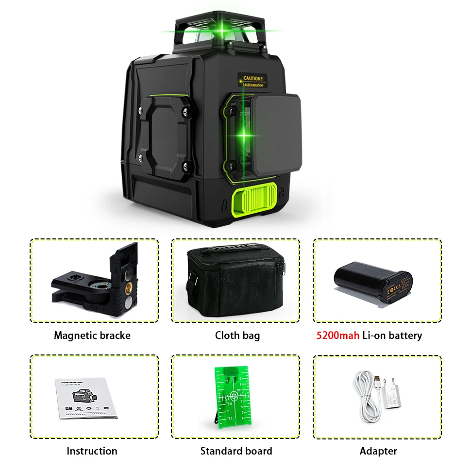 CLUBIONA MD08G German Laser diode 3D Green Laser Level with 2 x 360 separate working lines and 5200mah lithium battery