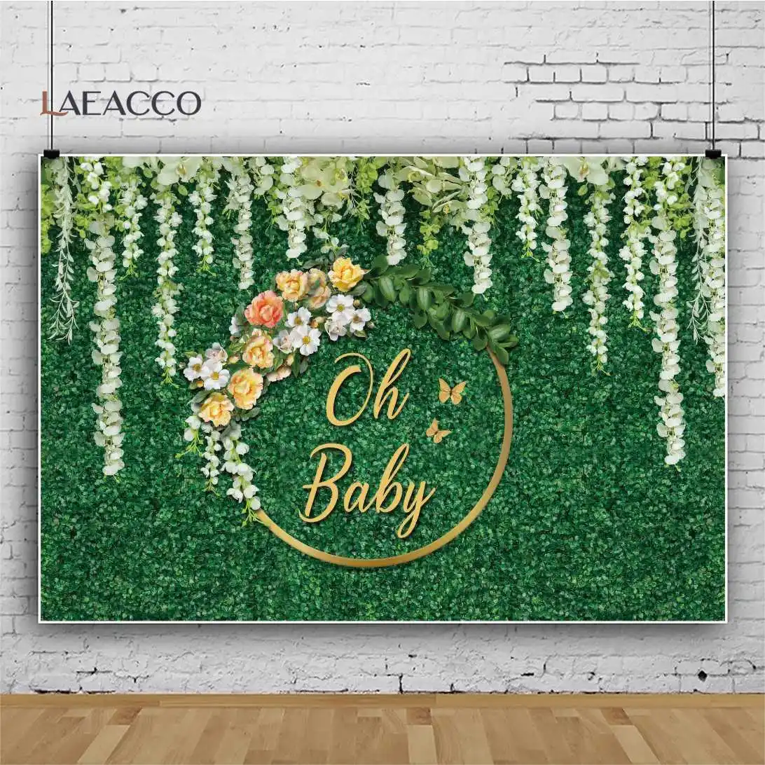 خلفية للاستحمام للأطفال من Oh خلفية للتصوير الفوتوغرافي لحديثي الولادة بزهور خضراء وعشب لعيد ميلاد الطفل خلفية للتصوير الفوتوغرافي خلفية للتصوير الفوتوغرافي