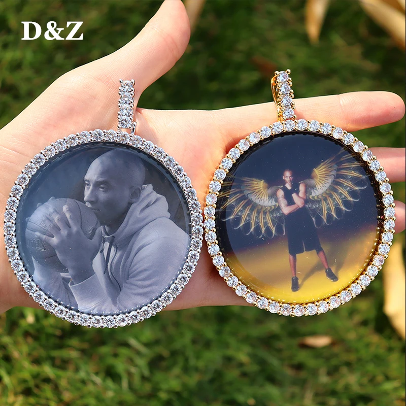 D&Z Neuer individueller Foto-Anhänger, große Größe, solide Rückseite, 4 mm Breite, Steine, seitlicher Hip-Hop-Schmuck, personalisierte kubische Zirkon-Ketten, Geschenk