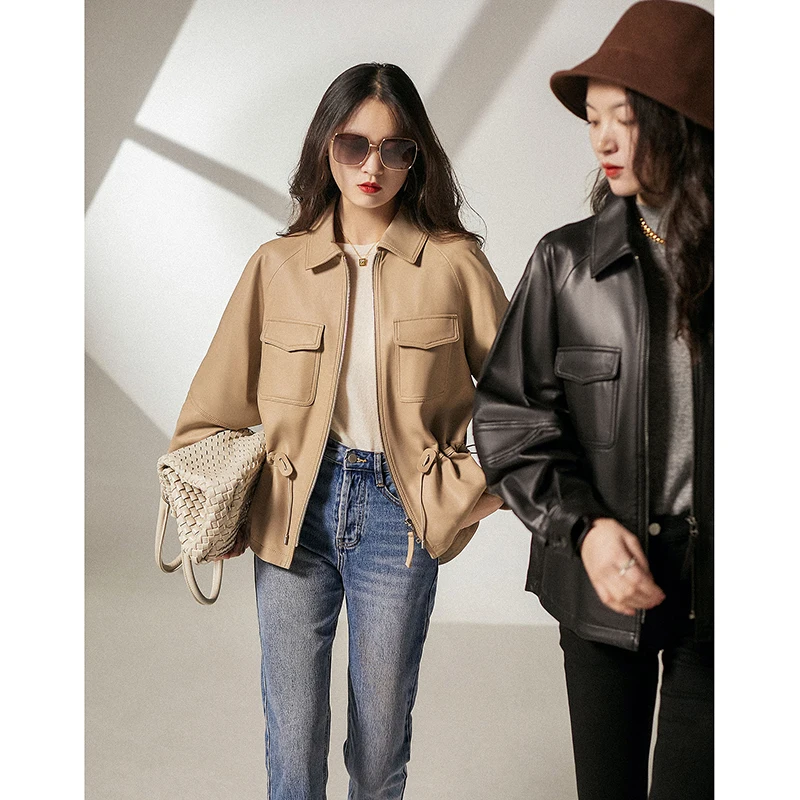 Women Genuine Leather Locomotive Jacket Show Thin Waist Jaqueta Couro Feminina Sheepskin Casual Black Apricot Versatile Coat