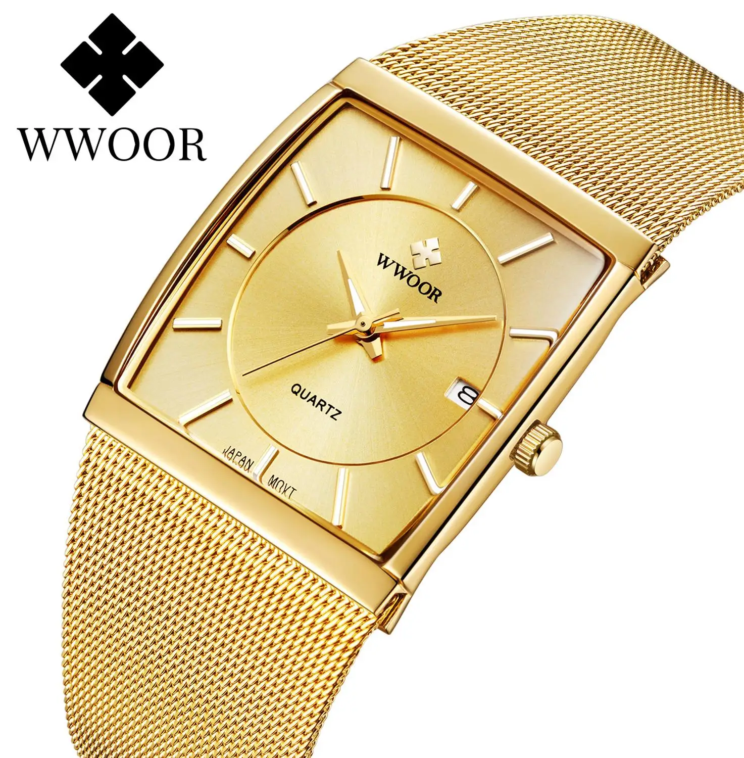 WWOOR Top Brand Luxury Japan Quartz Movement Watches Mens Ultra Thin Gold Steel Mesh Watch For Men Square Waterproof Wrist Watch