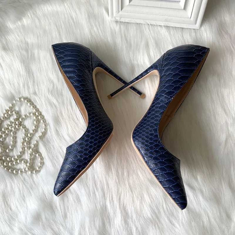 Brand designer navy blue matte python snake pointed toe women lady shoes 12cm 4inches high heel shoes pump on sale