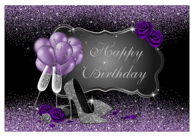 Purple and Silver Photo Background Props Silver High Heels Champagne Balloons Purple Rose Adult Woman Happy Birthday Party Decor