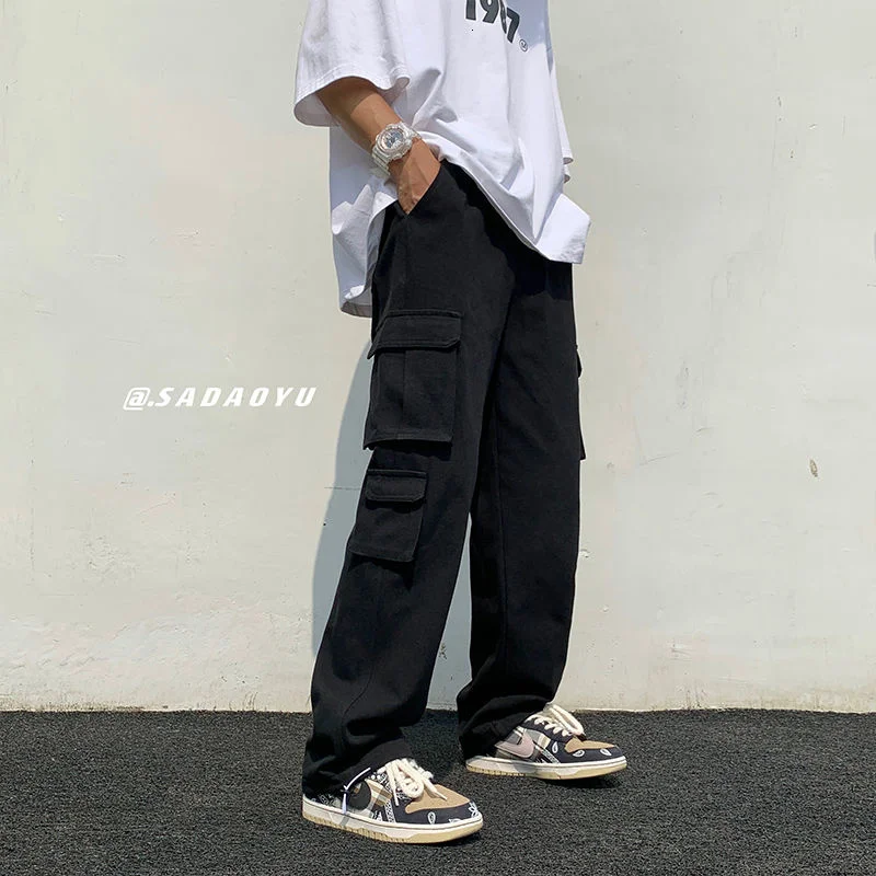 

Black Cargo Pants Men Fashion Loose Straight Wide Leg Pants Men Streetwear Hip-hop Pocket Casual Pants Mens White Trousers