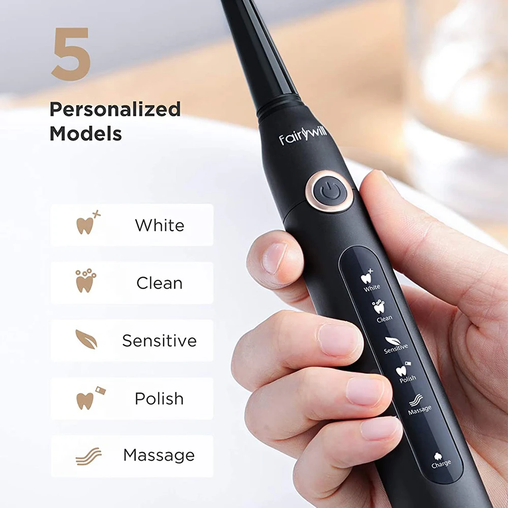 Fairywill FW-507 Sonic Electric Toothbrush 5 Modes USB Charger Tooth Brushes Replacement Timer Sonic Toothbrush 8 Brush Heads