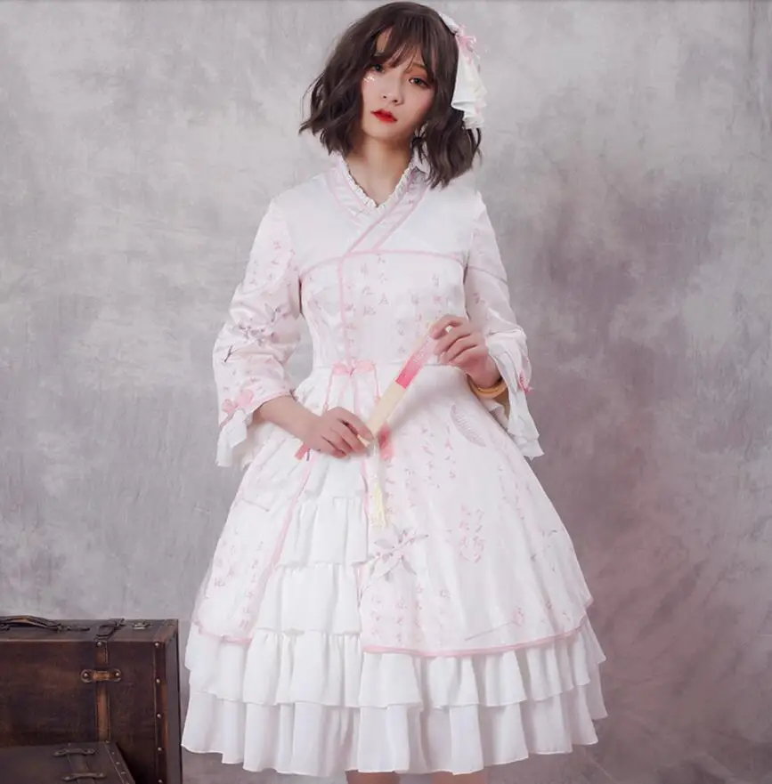 

Chinese Style Lolita Vintage Sweet Kawaii Lolita Long Sleeve OP Dress Cos Loli Tea Party Princess Dress