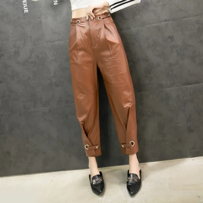 Europe Style Fashion Women's Genuine leather ninth pants Hot Chic High-rise leather pants B421