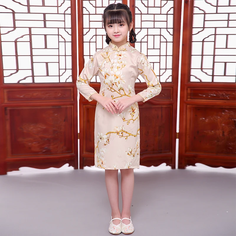 Floral Chinese Traditional Style dress Girls cheongsam qipao New Year Cute Baby Spring Festival Party Long sleeve Dresses