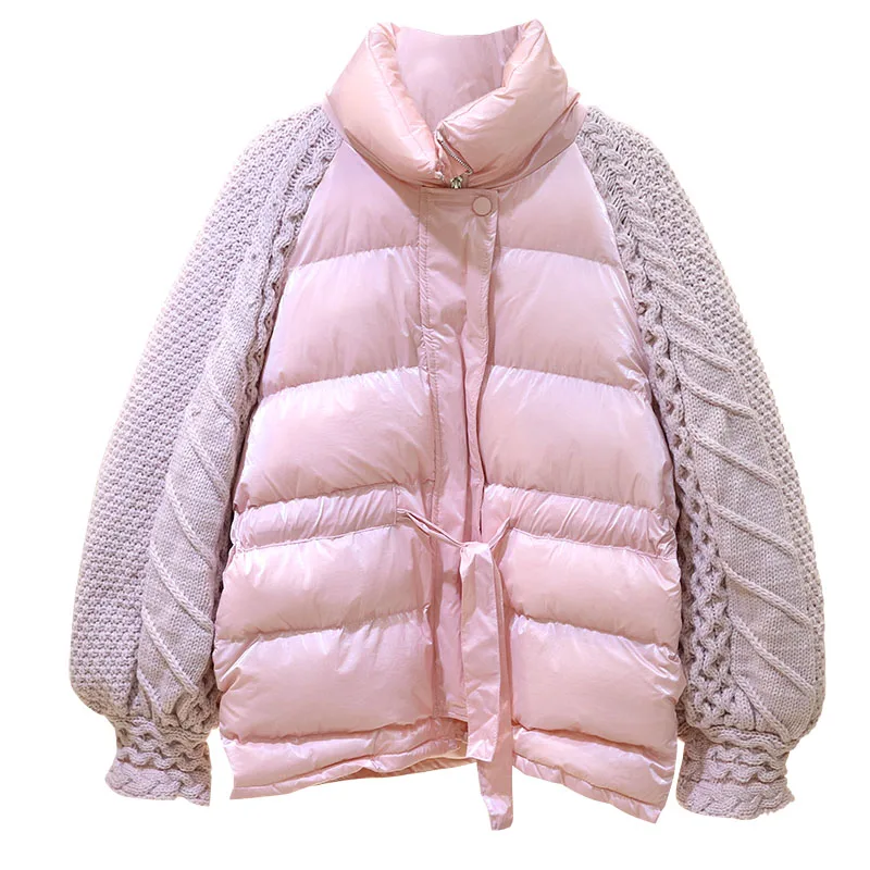 2024 Winter Fashion Knitted Lantern Sleeve Coat Women Down Cotton Jacket Casual Stand Collar Windproof Warm Female Loose Outwear