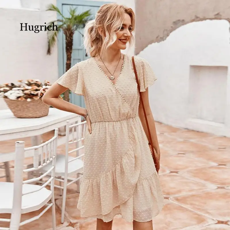 2021 New Summer Butterfly Sleeve Women Office Lady Ruffles V-Neck Solid High Waist Knee-Length Dress