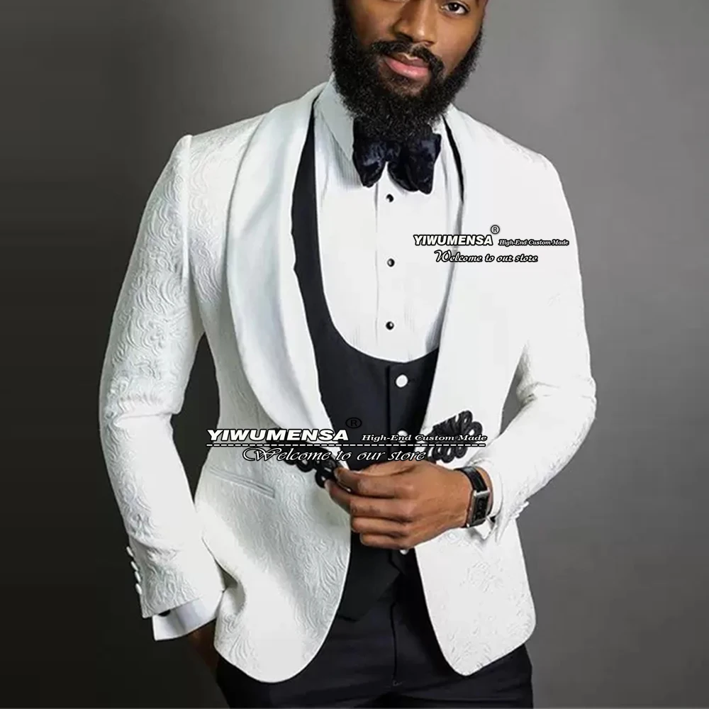 

Arabic African Groomsmen Suits White Floral Jacquard Jacket+Vest+Pants Slim Fit Men Wedding Tuxedo Custom Made Blazer Prom Dress
