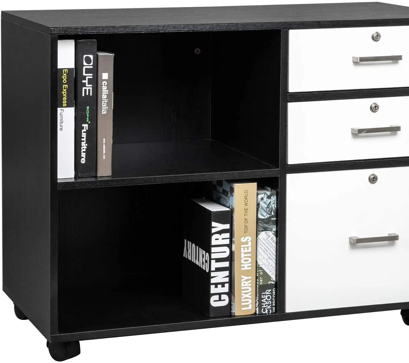 FCH Wood File Cabinet with 3 Drawer and 2 Open Shelves Office Storage Cabinet with Wheel Printer Stand, 35.5