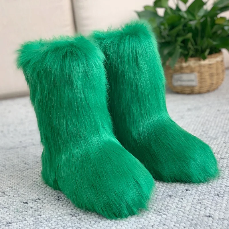 New Design Fashion Rainbow Colorful Fluffy Warm Winter Snow Boots Women Girls Kids Plush Faux Fox Fur Boots Furry Snow Boots