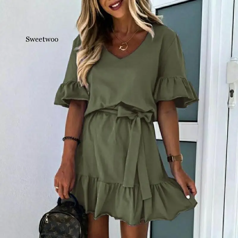 

Summer Off Shoulder Halter Dress Vintage Sexy Women Short Sleeve Mini Dress Solid Elegant Lace Up Backless Party Dress Vestidos