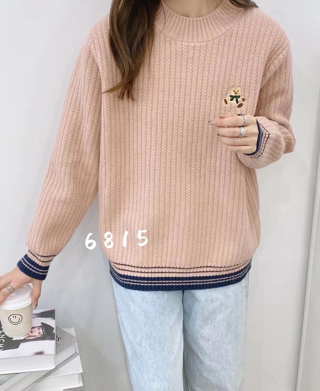 6815 Fall Winter Women Basic Sweater Pullovers Fashion Embroidery Small Bear Loose Warm Female Casual Versatile Knitted Tops New