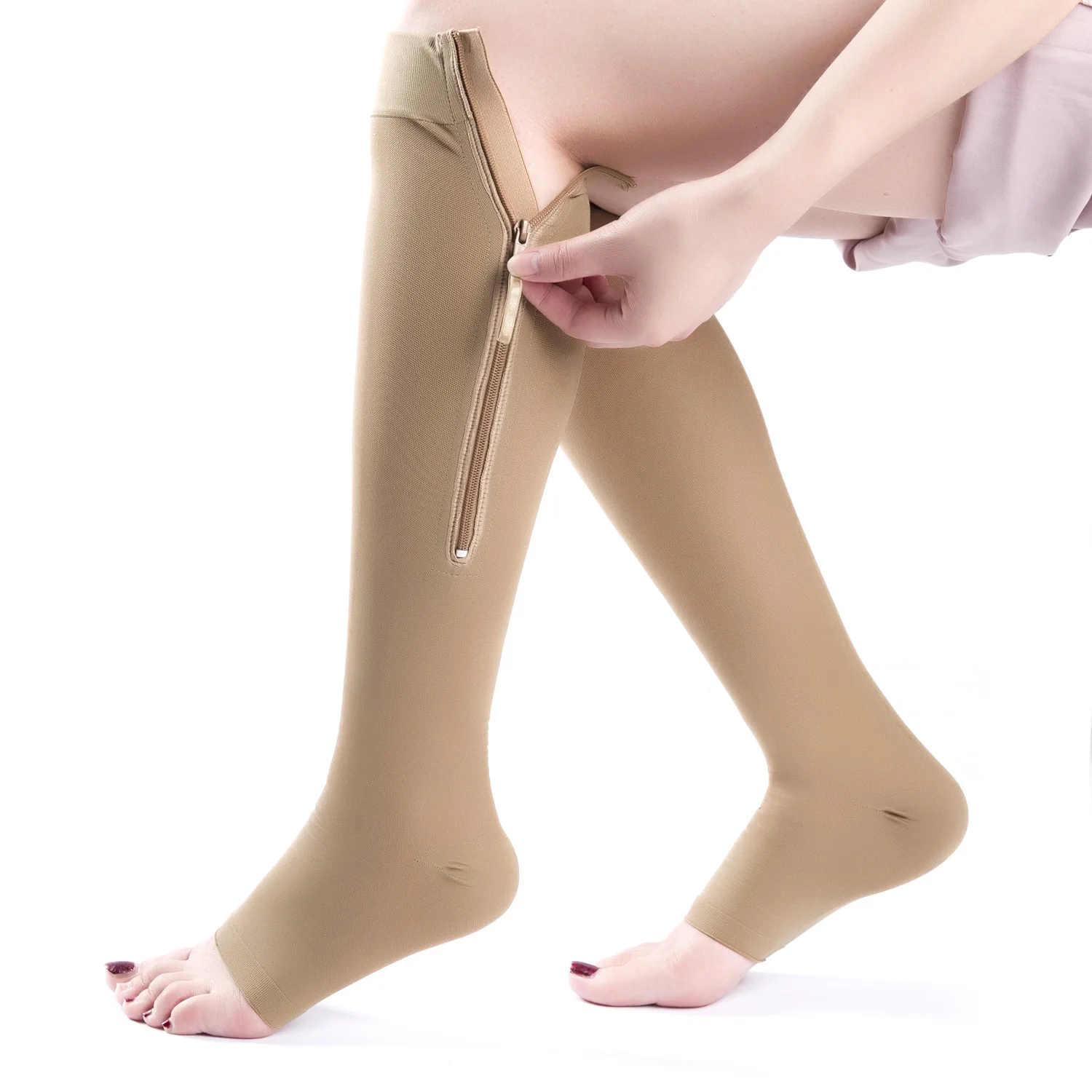 

New Women Pressure Socks Middle Zipper Function Leg Prevent Veins Nurse Stepping BeautifulFeet Value 23-32mmHG Grade Black Skin