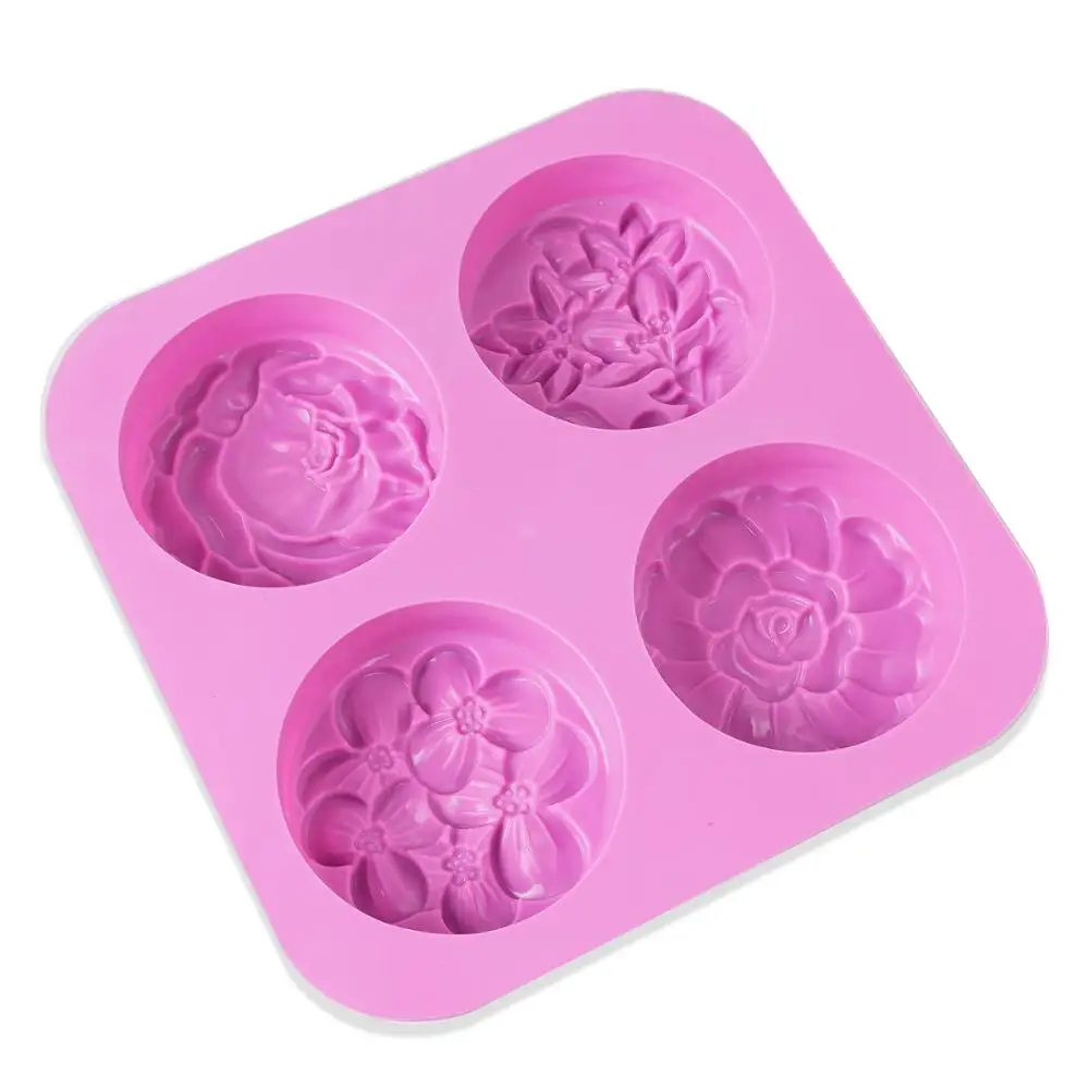 4-Cavity Round Flower Biscuit Mold Flexible Silicone Soap Mould Candy Molds Ice Mold