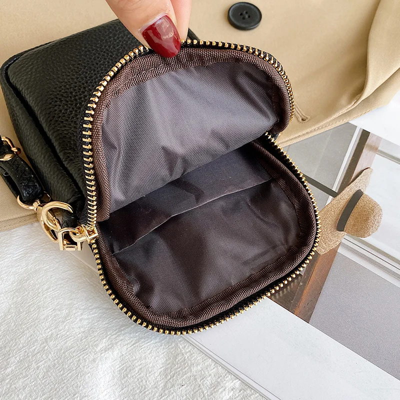 2021 New Women Purses Solid Color Genuine Leather Shoulder Strap Bag Mobile Phone Bag Card Holders Wallet Black Cowhide Handbag