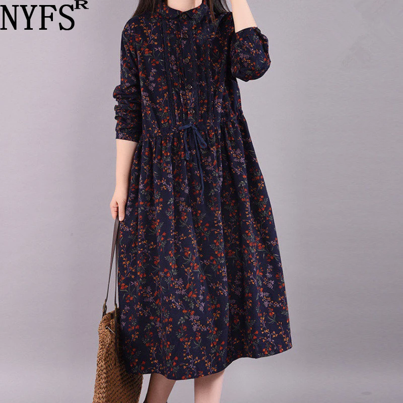 NYFS 2024 New Spring Autumn Woman Dress Literary Vintage Loose Long Sleeve Vestido De Mujer Robe Dresses