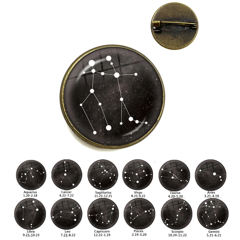 12 Constellation Glass Dome Brooch Leo Virgo Libra Aries Badge Star Zodiac Sign Clothes Lapel pin Cute Birthday Jewelry Gifts