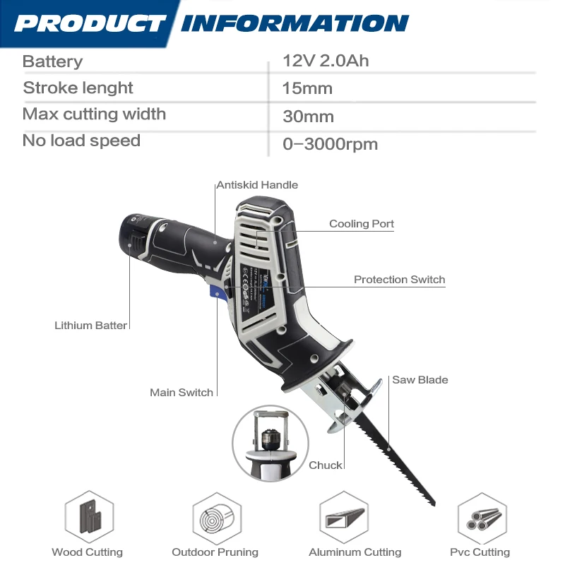 NEWONE Cordless 12V Reciproating saw Wireless Hand Saw garden saw Saber Saw Wood/Metal Cutting Match Bo Sch 12V battery