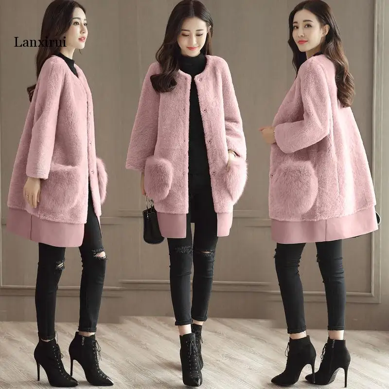 

New Winter Women Faux Lamb Fur Coat Luxury Fake Sheep Shearing OverCoat Thick Warm Female Plush Mid-length Coats A258