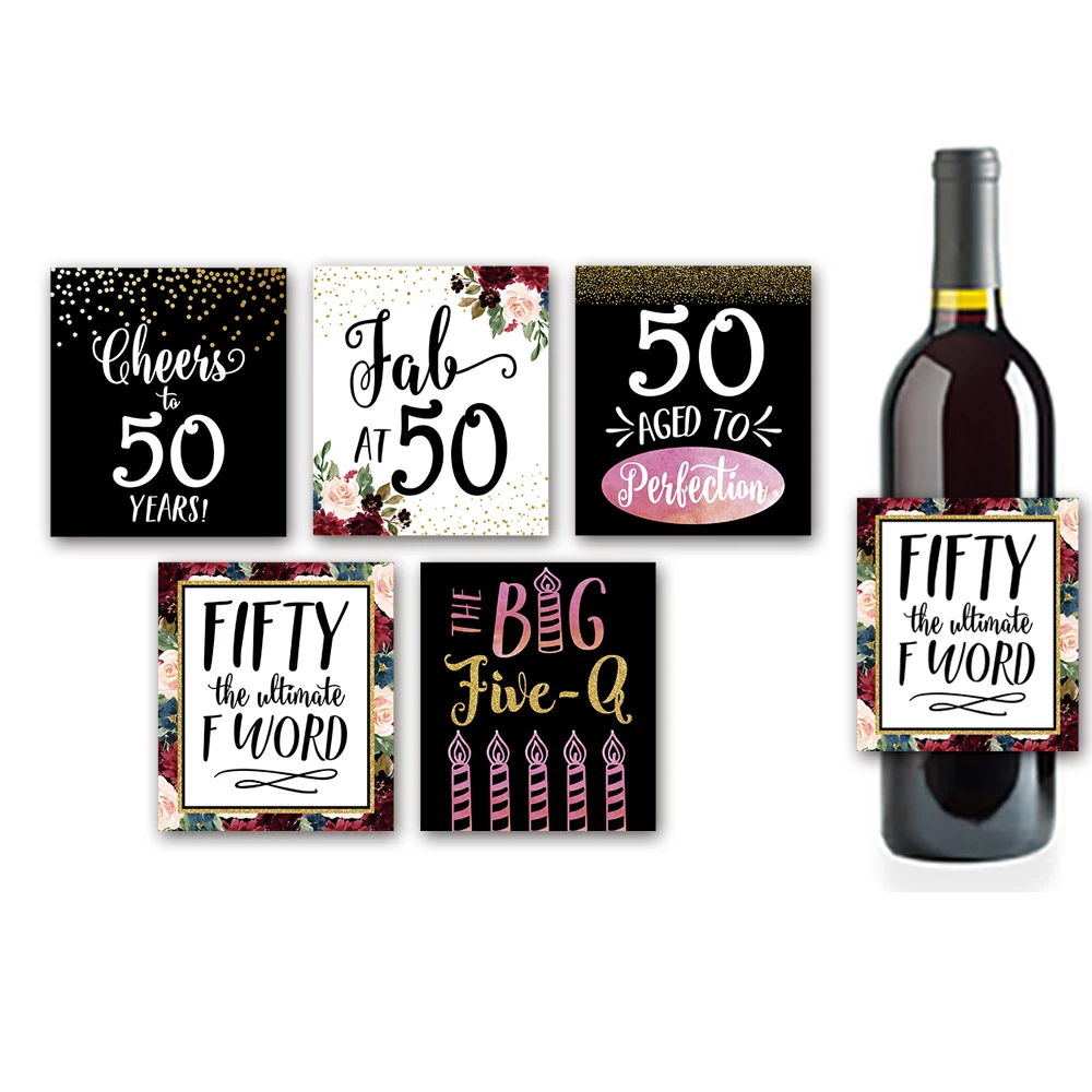 30th 40th 50th Birthday Wine Bottle Labels Milestone Gifts Cheers to 50 Years Pink Black Gold Birthday Party Supplies