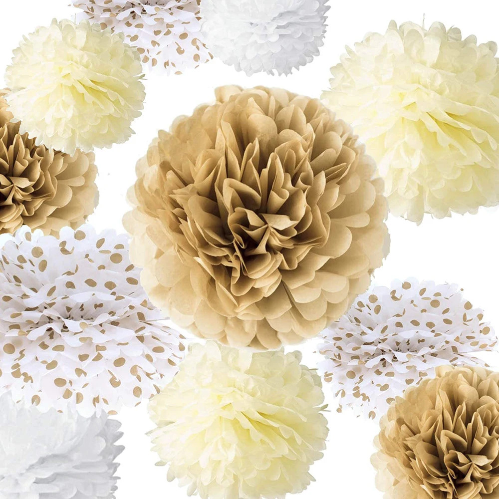 20PCS  Big Fluffy Tissue Paper Pom Poms Mixed Cream Tan Brown White Gold Dot Tissue 14“ Paper Flowers for Wedding Hanging Decor