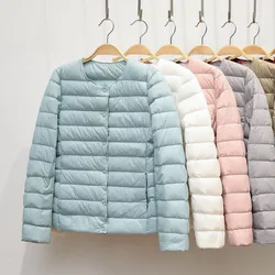 Casacos ultraleves de pato sem colarinho para mulheres, Parkas acolchoadas portáteis, casaco de puffer com o pescoço, casaco feminino, 0-10 ℃, 2024, inverno