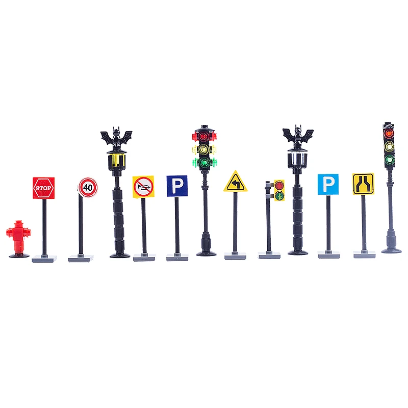 City Traffic Lights Road Signs Street Lamp Building Blocks Bricks Parking No Whistle Indicator Mini Bricks Construction Toy