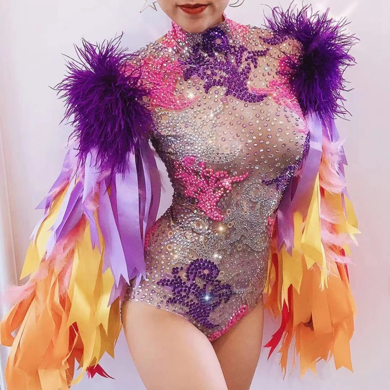 

Stage Wear Ribbon Strip Feather Sleeve Rhinestone Bodysuit Women Nightclub Bar Party Outfit Performance Dance Costume