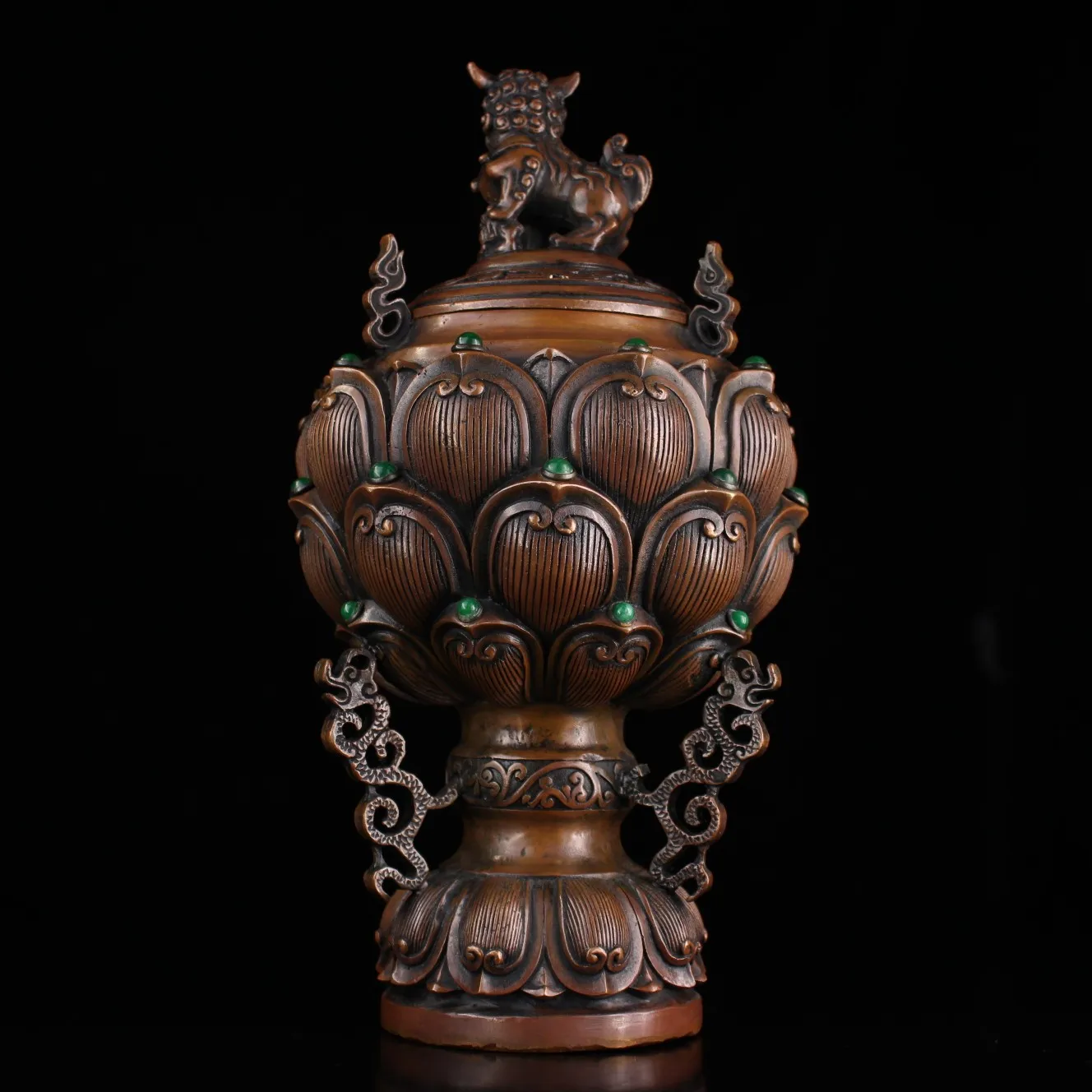 

12"Tibetan Temple Collection Old Bronze Mosaic Gem Lion statue Lotus shape incense burner worship hall Town House Exorcism