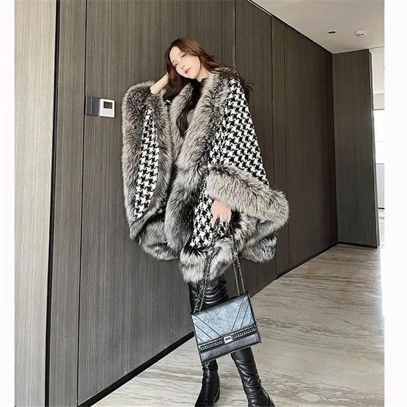 Harajuku Luxury Houndstooth Warm Cloak Coats Women Christmas Winter Fake fur Poncho Korean Plaid Outerwear Fox Fur Shawls Female