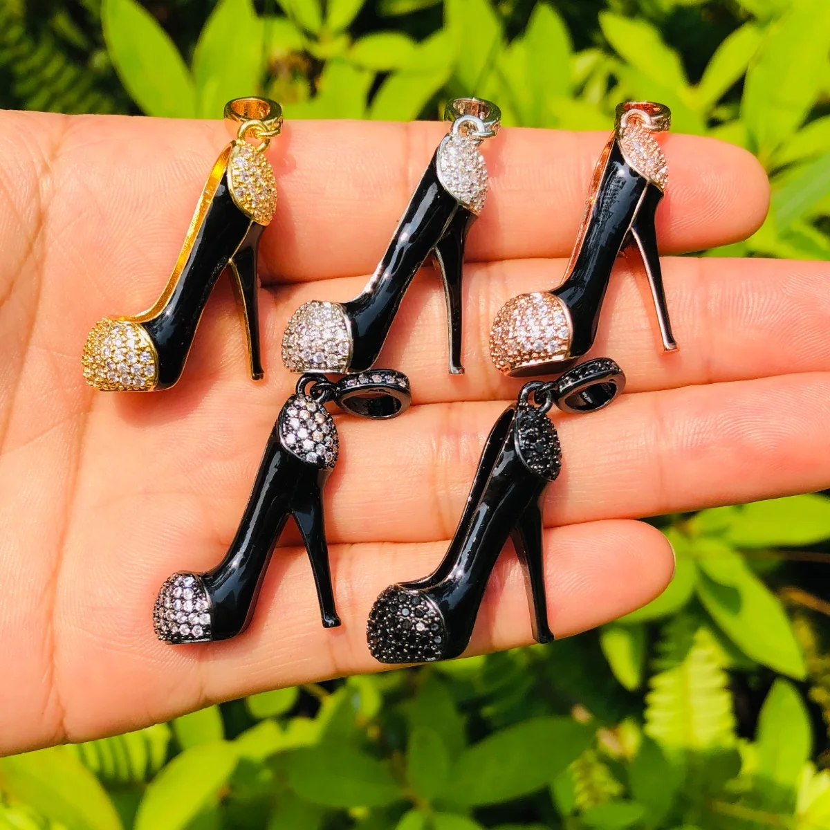 5pcs 3D Black High Heel Shoe Charms for Women Bracelet Girl Necklace Making Zirconia Pave Bling Pendant Jewelry Accessory Supply