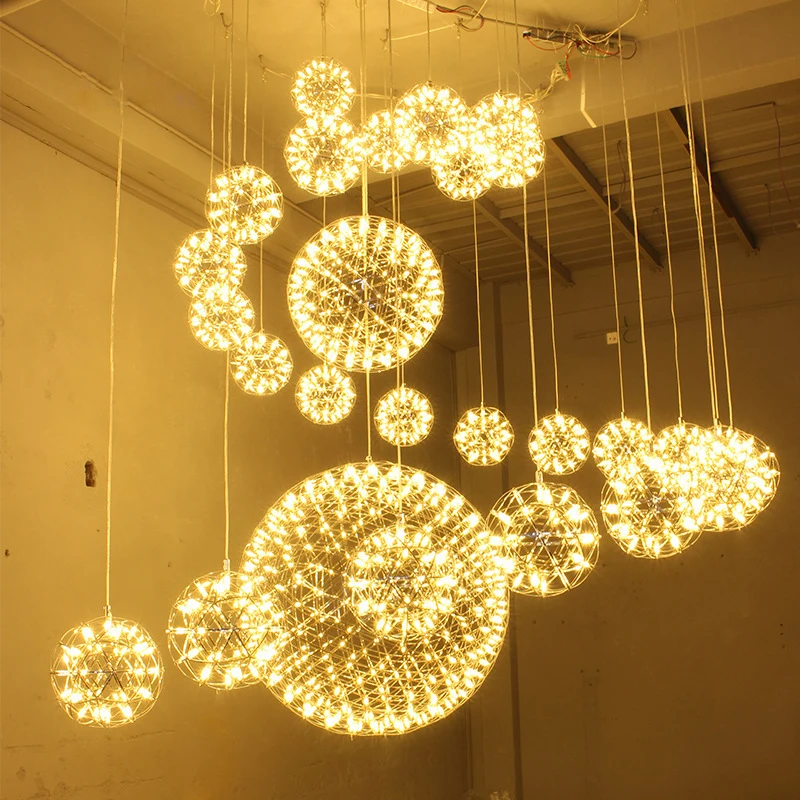 ضوء LED شرارة متدلية لتزيين المنزل ، تركيبات الألعاب النارية ، مصباح كرة من الفولاذ المقاوم للصدأ ، دور علوي حديث قصير ، ملحقات غرفة المعيشة