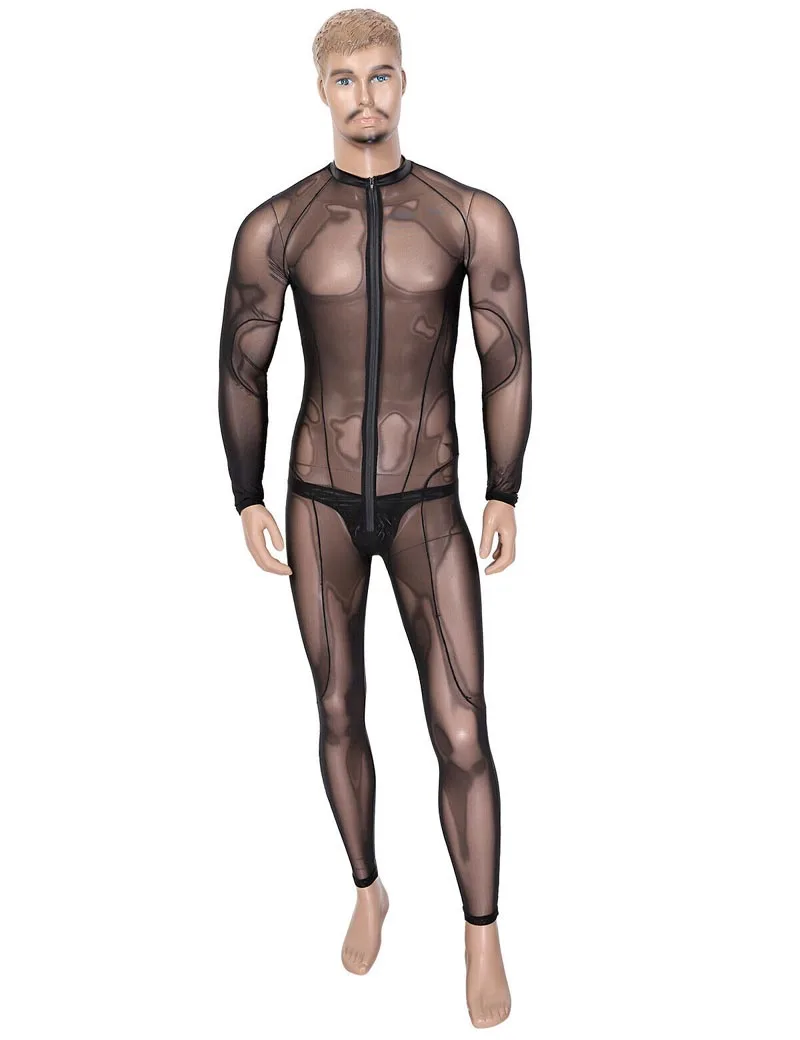 Men See Through Mesh Lingerie Skinny Full Body Bodysuit Long Sleeves Leotard Jumpsuit Muscle Fetish Wear