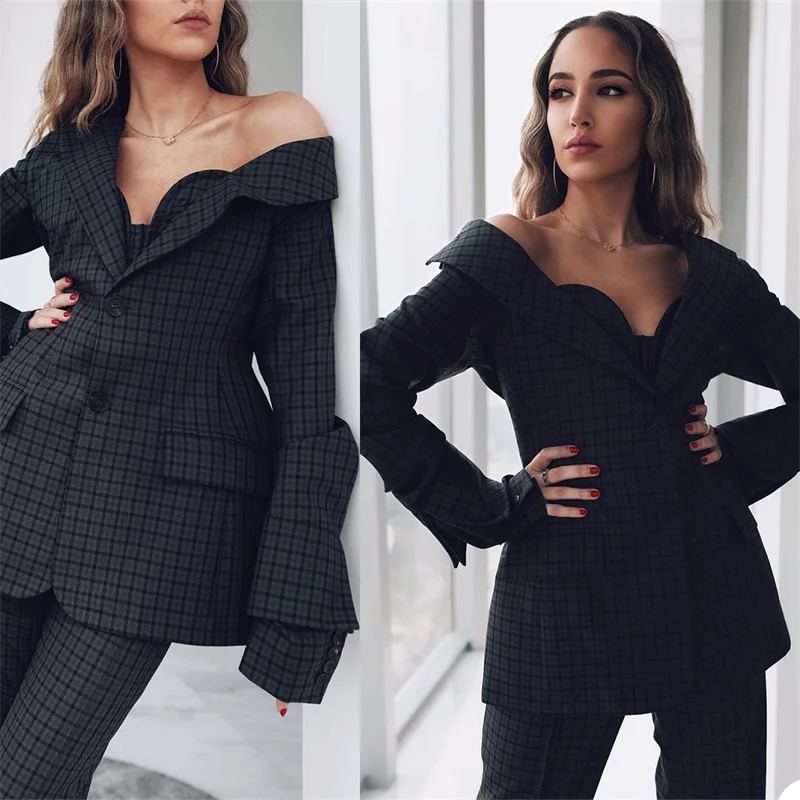 2 Pieces Women Suits Houndstooth Plaid Fashion Coat+Pant Long Sleeves Formal Party Suits Customize Fit Slim Girl Suits