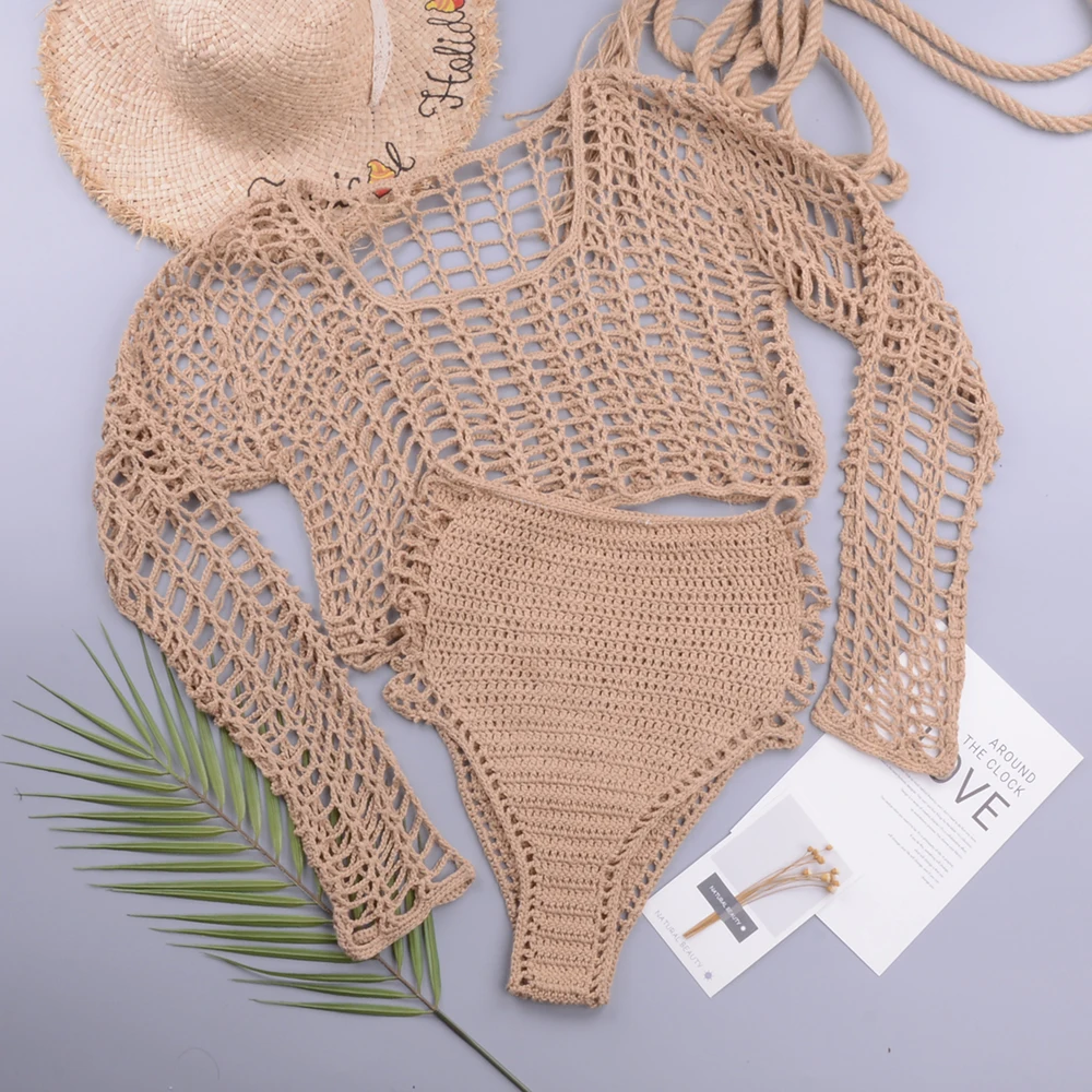 Đồ Bơi Nữ Bikini Croptop Bãi Biển Chia Đồ Bơi Fishnet Rỗng Ra Lưới Thể Làm Tay Dài Boho Đi Biển