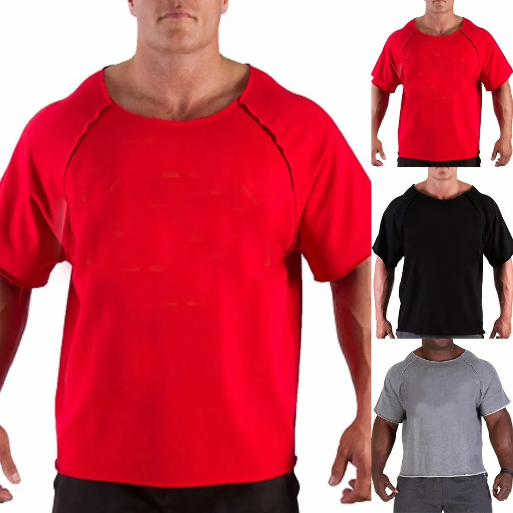 Men\'s Cotton Casual T Shirts Fitness Men Bodybuilding Shirt Batwing Sleeve Rag Shirt Gym Wear Muscle Running T-shirt Round Neck