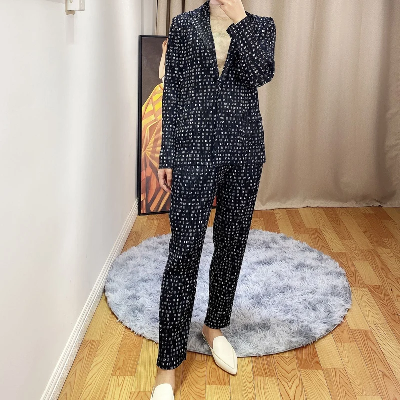 Miyake fold  fashion suits  long sleeve coat nine points Smoke pants two-piece  print suit IN STOCK