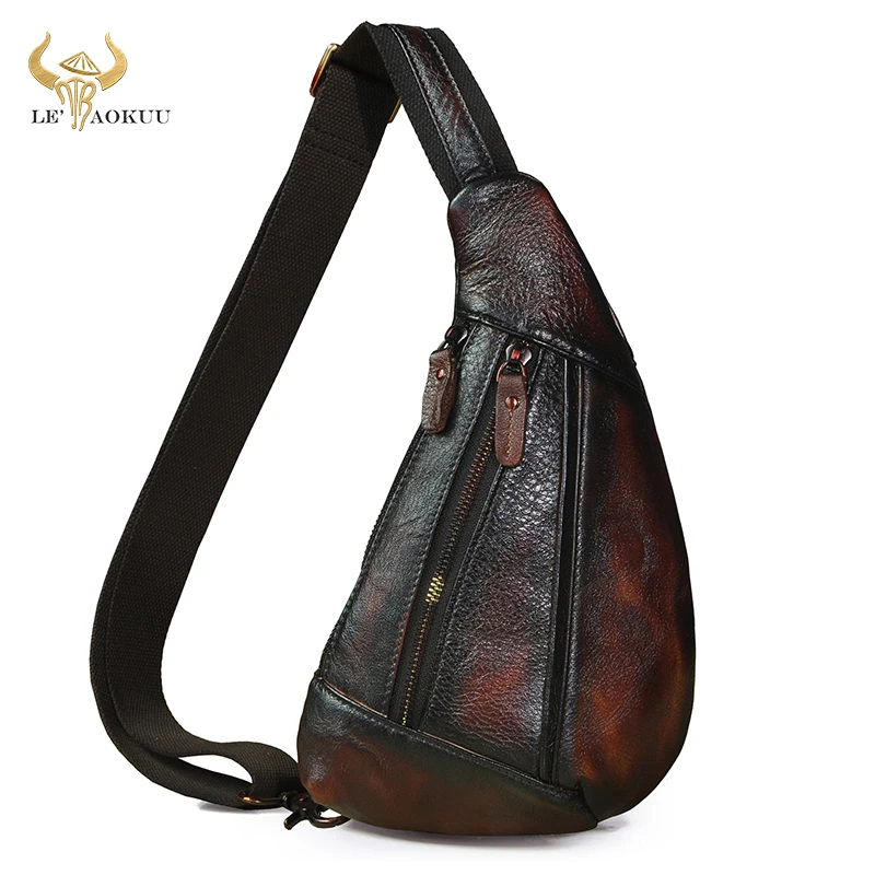 Brand Men Natural Leather Retro Coffee Tringle Chest Pack Bag Design Male Sling Crossbody One Shoulder Bag Backpack Daypack 8807